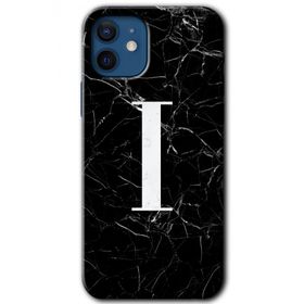 Apple iPhone 12 Siyah Mermer Desenli I Harfi Baskılı Uyumlu Silikon Kılıf