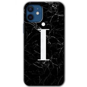 Apple iPhone 12 Siyah Mermer Desenli I Harfi Baskılı Uyumlu Silikon Kılıf