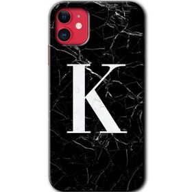 Apple iPhone 12 Siyah Mermer Desenli K Harfi Baskılı Uyumlu Silikon Kılıf