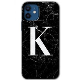 Apple iPhone 12 Siyah Mermer Desenli K Harfi Baskılı Uyumlu Silikon Kılıf