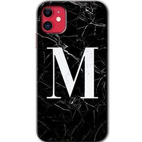 Apple iPhone 12 Siyah Mermer Desenli M Harfi Baskılı Uyumlu Silikon Kılıf