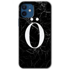 Apple iPhone 12 Siyah Mermer Desenli Ö Harfi Baskılı Uyumlu Silikon Kılıf