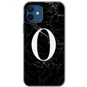 Apple iPhone 12 Siyah Mermer Desenli Ö Harfi Baskılı Uyumlu Silikon Kılıf