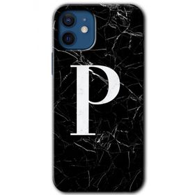 Apple iPhone 12 Siyah Mermer Desenli P Harfi Baskılı Uyumlu Silikon Kılıf