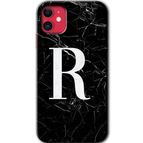 Apple iPhone 12 Siyah Mermer Desenli R Harfi Baskılı Uyumlu Silikon Kılıf