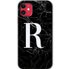 Apple iPhone 12 Siyah Mermer Desenli R Harfi Baskılı Uyumlu Silikon Kılıf