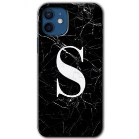 Apple iPhone 12 Siyah Mermer Desenli S Harfi Baskılı Uyumlu Silikon Kılıf