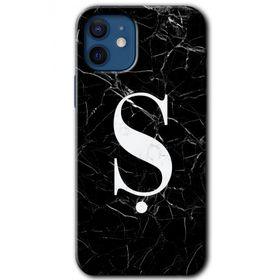 Apple iPhone 12 Siyah Mermer Desenli S Harfi Baskılı Uyumlu Silikon Kılıf