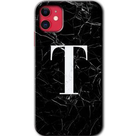 Apple iPhone 12 Siyah Mermer Desenli T Harfi Baskılı Uyumlu Silikon Kılıf