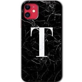 Apple iPhone 12 Siyah Mermer Desenli T Harfi Baskılı Uyumlu Silikon Kılıf