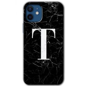 Apple iPhone 12 Siyah Mermer Desenli T Harfi Baskılı Uyumlu Silikon Kılıf