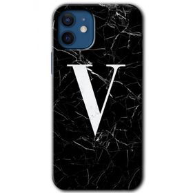 Apple iPhone 12 Siyah Mermer Desenli V Harfi Baskılı Uyumlu Silikon Kılıf