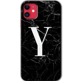 Apple iPhone 12 Siyah Mermer Desenli Y Harfi Baskılı Uyumlu Silikon Kılıf