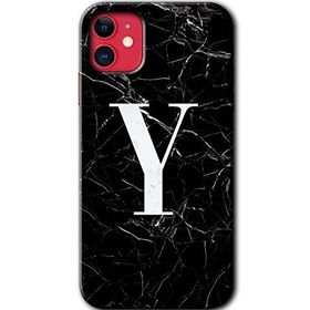Apple iPhone 12 Siyah Mermer Desenli Y Harfi Baskılı Uyumlu Silikon Kılıf