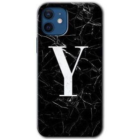 Apple iPhone 12 Siyah Mermer Desenli Y Harfi Baskılı Uyumlu Silikon Kılıf