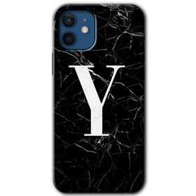 Apple iPhone 12 Siyah Mermer Desenli Y Harfi Baskılı Uyumlu Silikon Kılıf