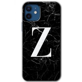 Apple iPhone 12 Siyah Mermer Desenli Z Harfi Baskılı Uyumlu Silikon Kılıf