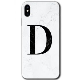 Apple iPhone X Beyaz Mermer Desenli D Harfi Baskılı Uyumlu Silikon Kılıf