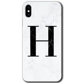 Apple iPhone X Beyaz Mermer Desenli H Harfi Baskılı Uyumlu Silikon Kılıf