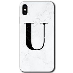 Apple iPhone X Beyaz Mermer Desenli M Harfi Baskılı Uyumlu Silikon Kılıf