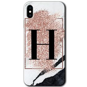 Apple iPhone X Pembe Mermer Desenli H Harfi Baskılı Uyumlu Silikon Kılıf
