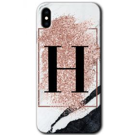 Apple iPhone X Pembe Mermer Desenli H Harfi Baskılı Uyumlu Silikon Kılıf