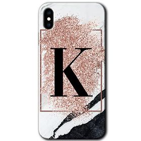 Apple iPhone X Pembe Mermer Desenli K Harfi Baskılı Uyumlu Silikon Kılıf