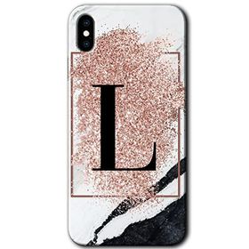 Apple iPhone X Pembe Mermer Desenli L Harfi Baskılı Uyumlu Silikon Kılıf