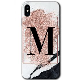Apple iPhone X Pembe Mermer Desenli M Harfi Baskılı Uyumlu Silikon Kılıf