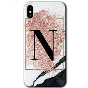 Apple iPhone X Pembe Mermer Desenli N Harfi Baskılı Uyumlu Silikon Kılıf