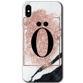 Apple iPhone X Pembe Mermer Desenli O Harfi Baskılı Uyumlu Silikon Kılıf