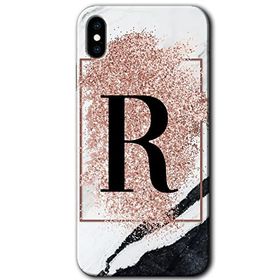 Apple iPhone X Pembe Mermer Desenli R Harfi Baskılı Uyumlu Silikon Kılıf