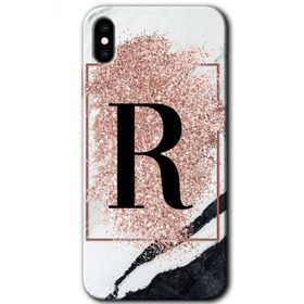 Apple iPhone X Pembe Mermer Desenli R Harfi Baskılı Uyumlu Silikon Kılıf