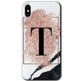 Apple iPhone X Pembe Mermer Desenli T Harfi Baskılı Uyumlu Silikon Kılıf