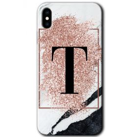 Apple iPhone X Pembe Mermer Desenli T Harfi Baskılı Uyumlu Silikon Kılıf