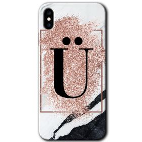 Apple iPhone X Pembe Mermer Desenli U Harfi Baskılı Uyumlu Silikon Kılıf
