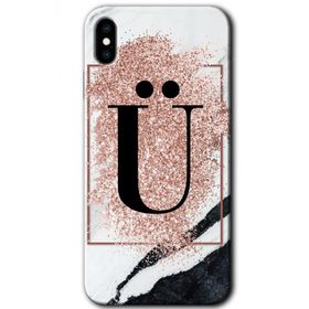 Apple iPhone X Pembe Mermer Desenli U Harfi Baskılı Uyumlu Silikon Kılıf