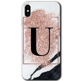 Apple iPhone X Pembe Mermer Desenli U Harfi Baskılı Uyumlu Silikon Kılıf