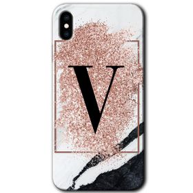 Apple iPhone X Pembe Mermer Desenli V Harfi Baskılı Uyumlu Silikon Kılıf