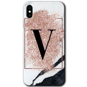 Apple iPhone X Pembe Mermer Desenli V Harfi Baskılı Uyumlu Silikon Kılıf