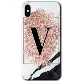 Apple iPhone X Pembe Mermer Desenli V Harfi Baskılı Uyumlu Silikon Kılıf