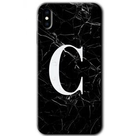 Apple iPhone X Siyah Mermer Desenli C Harfi Baskılı Uyumlu Silikon Kılıf