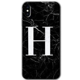Apple iPhone X Siyah Mermer Desenli H Harfi Baskılı Uyumlu Silikon Kılıf