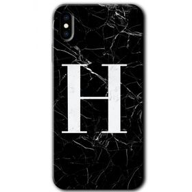 Apple iPhone X Siyah Mermer Desenli H Harfi Baskılı Uyumlu Silikon Kılıf