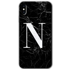 Apple iPhone X Siyah Mermer Desenli N Harfi Baskılı Uyumlu Silikon Kılıf