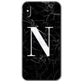 Apple iPhone X Siyah Mermer Desenli N Harfi Baskılı Uyumlu Silikon Kılıf