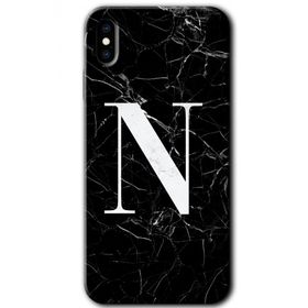 Apple iPhone X Siyah Mermer Desenli N Harfi Baskılı Uyumlu Silikon Kılıf