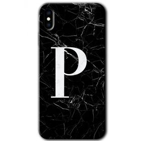 Apple iPhone X Siyah Mermer Desenli P Harfi Baskılı Uyumlu Silikon Kılıf