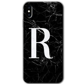 Apple iPhone X Siyah Mermer Desenli R Harfi Baskılı Uyumlu Silikon Kılıf