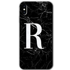 Apple iPhone X Siyah Mermer Desenli R Harfi Baskılı Uyumlu Silikon Kılıf